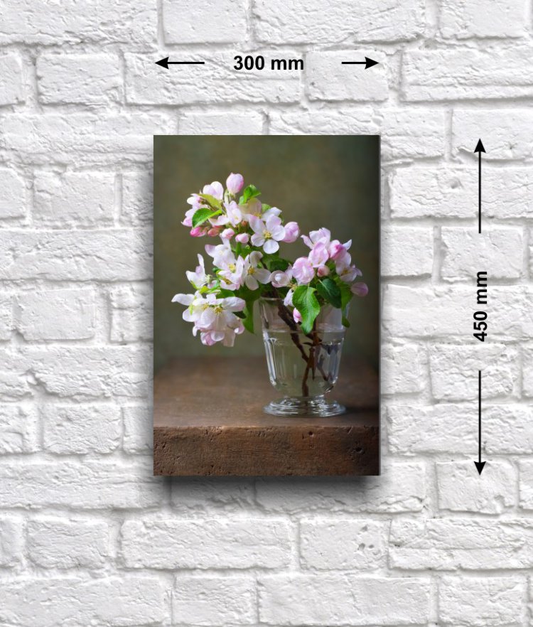 Постер «Натюрморт с веткой цветущей яблони», 30 см х 45 см Постер с фотографическим натюрмортом, выполненным в классическом стиле, на котором изображена ветка цветущей яблони, стоящая в маленькой стеклянной вазе.