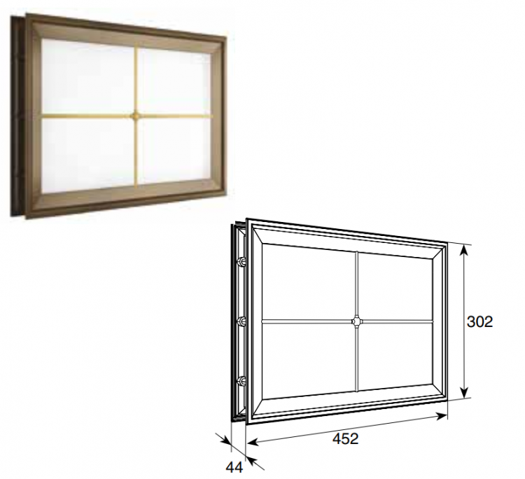 Окно акриловое с крестообразной вставкой для панелей толщиной 40 мм со структурой филенка и двойным стеклом Может встраиваться в панель полотна ворот всех типов подъема. Служит для улучшения  освещенности помещения и изменения дизайна ворот.
