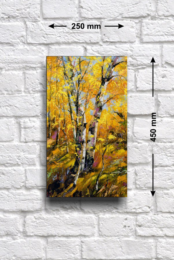 Постер - репродукция «Березки в осеннем лесу», 25 см х 45 см Постер с репродукцией осеннего пейзажа.