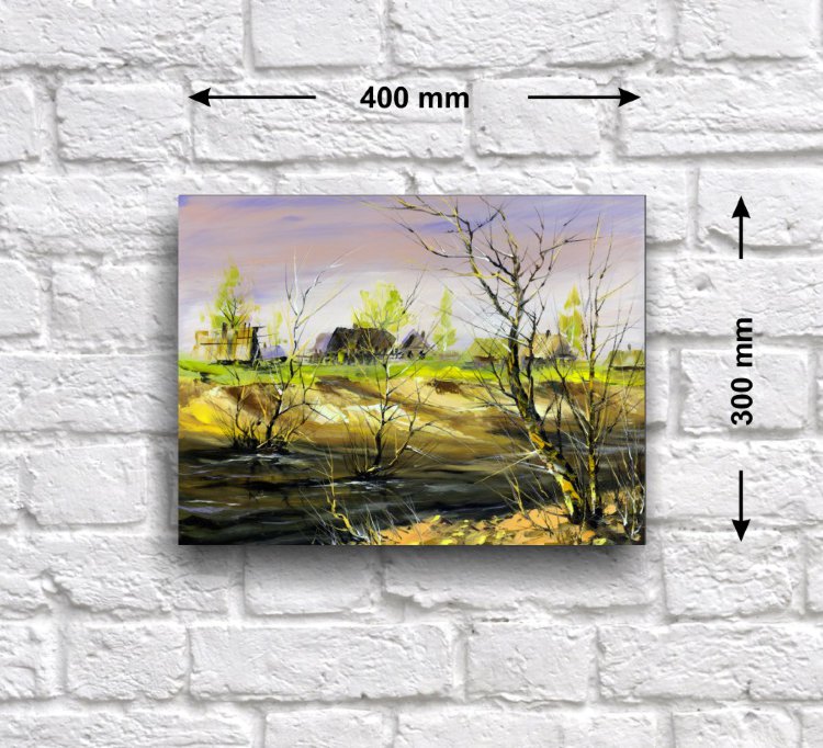 Постер - репродукция «Весенний закат на реке», 40 см х 30 см Постер с репродукцией пейзажа с изображением склона реки ранней весной на закате.