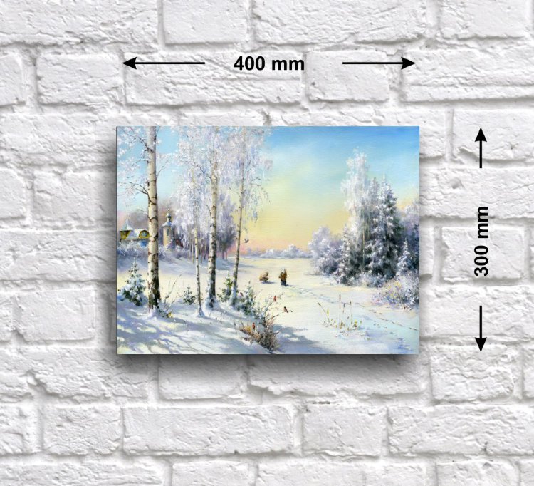 Постер - репродукция «Зимний закат на реке», 40 см х 30 см Постер с репродукцией пейзажа с изображением зимней реки на околице деревни.