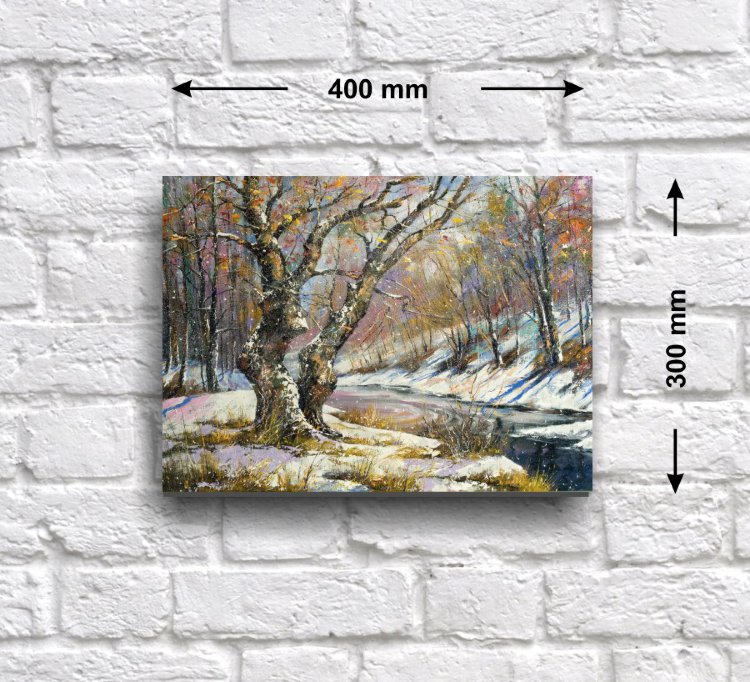 Постер - репродукция «Зима пришла», 40 см х 30 см Постер с репродукцией пейзажа с изображением выпавшего первого снега у реки в лесу.