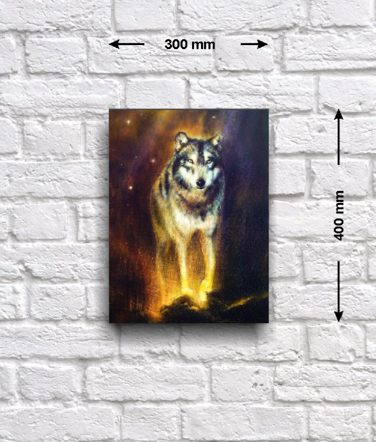 Постер - репродукция «Созвездие волка», 30 см х 40 см Постер с репродукцией аэрографической картины с могучим волком, идущим по звездному небу.