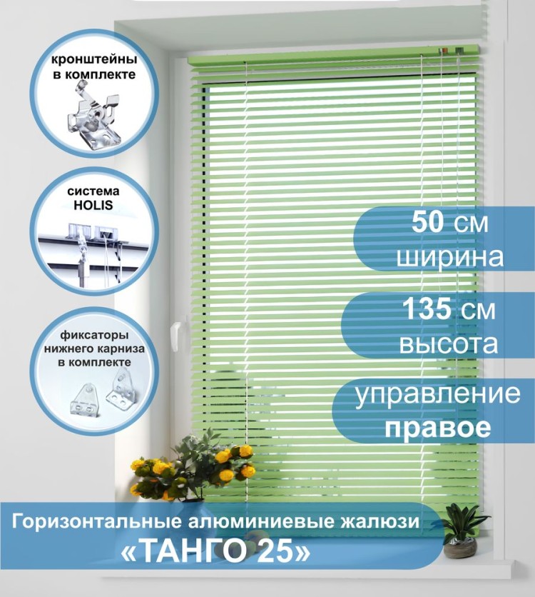Жалюзи горизонтальные алюминиевые &quot;Танго 25&quot;, Киви 5421, 50х135 см , упр Правое Жалюзи горизонтальные алюминиевые "Танго 25",Киви 5421, 50х135 см , упр Правое - это классические горизонтальные жалюзи с глянцевыми, однотонно окрашенными в зеленый цвет, ламелями (пластинами) шириной 25 мм.